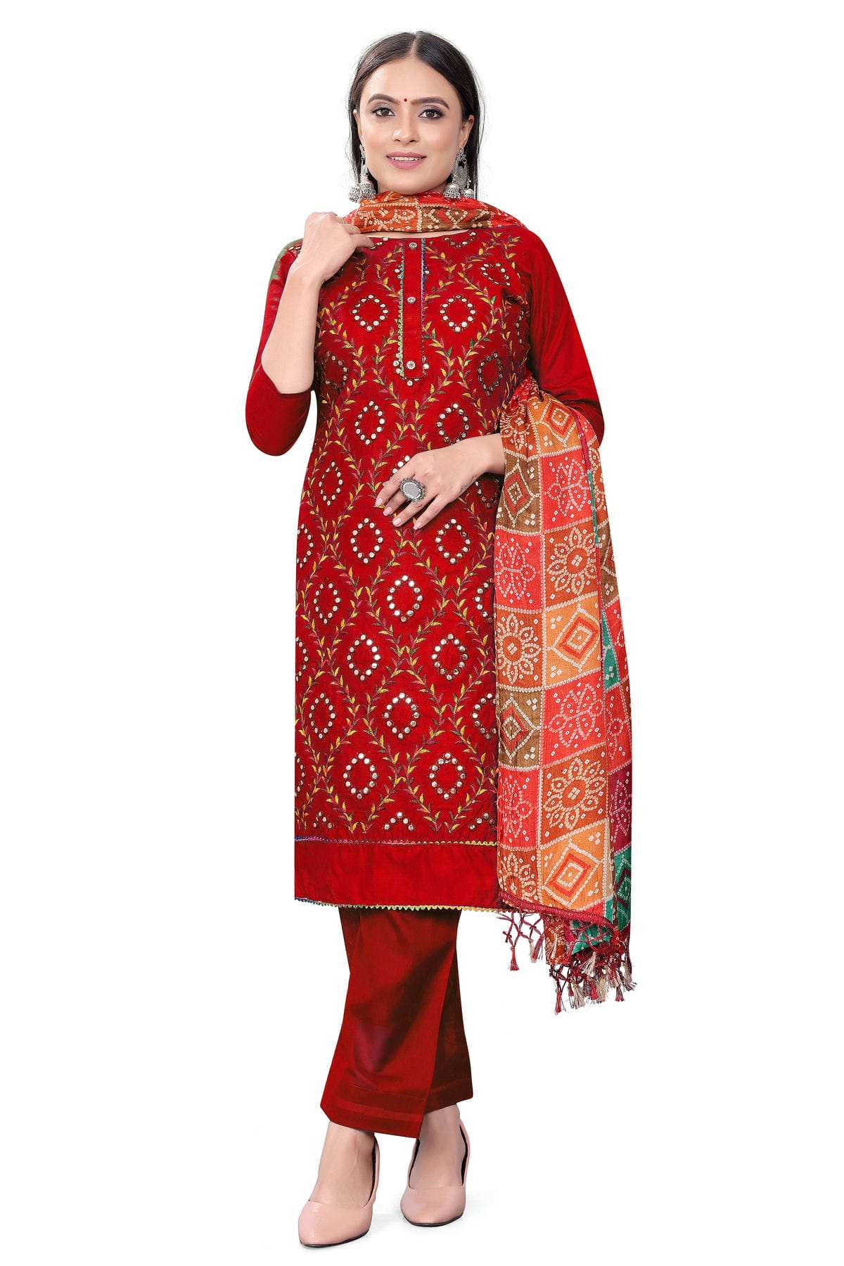 Red Colour Unstitched Cotton Pant Style Suit