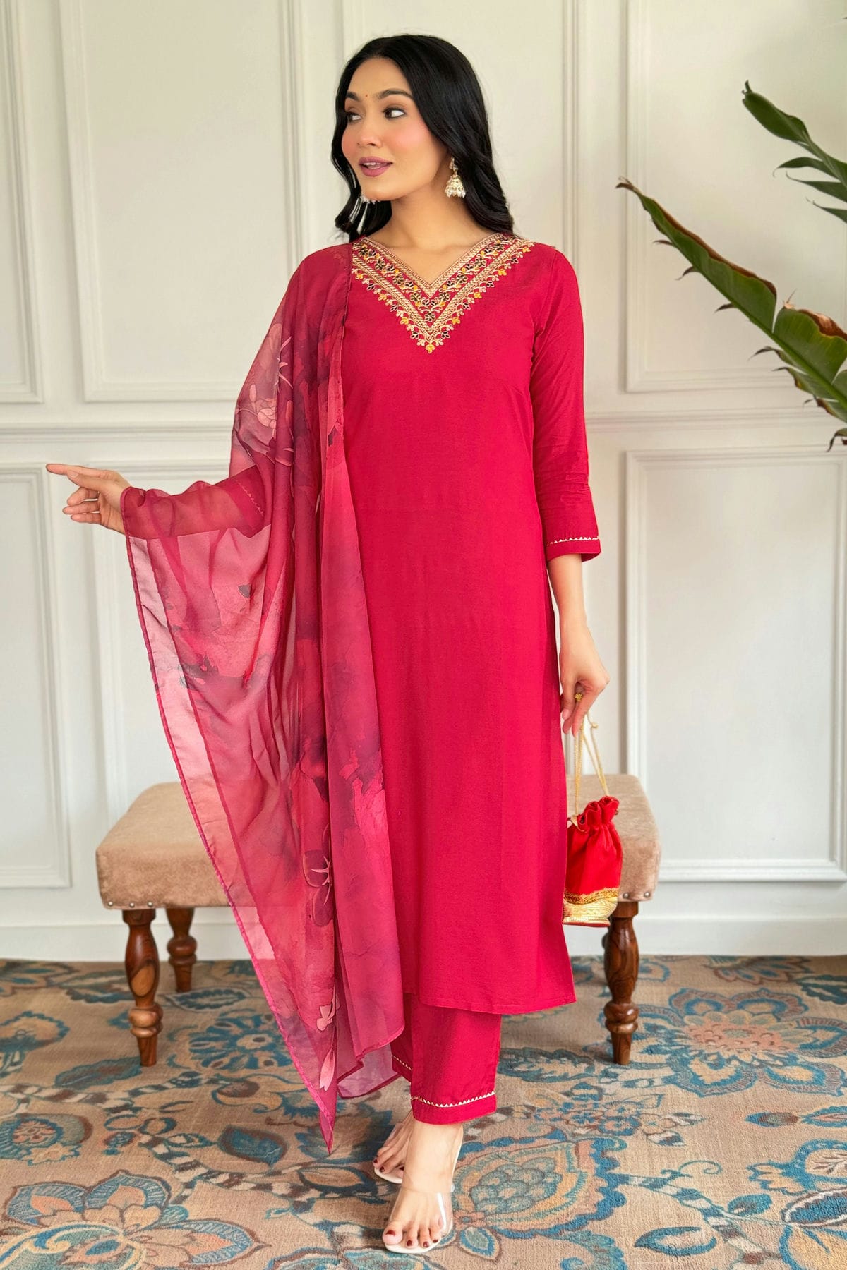 Red Colour Viscose Rayon Stitched Salwar Suit