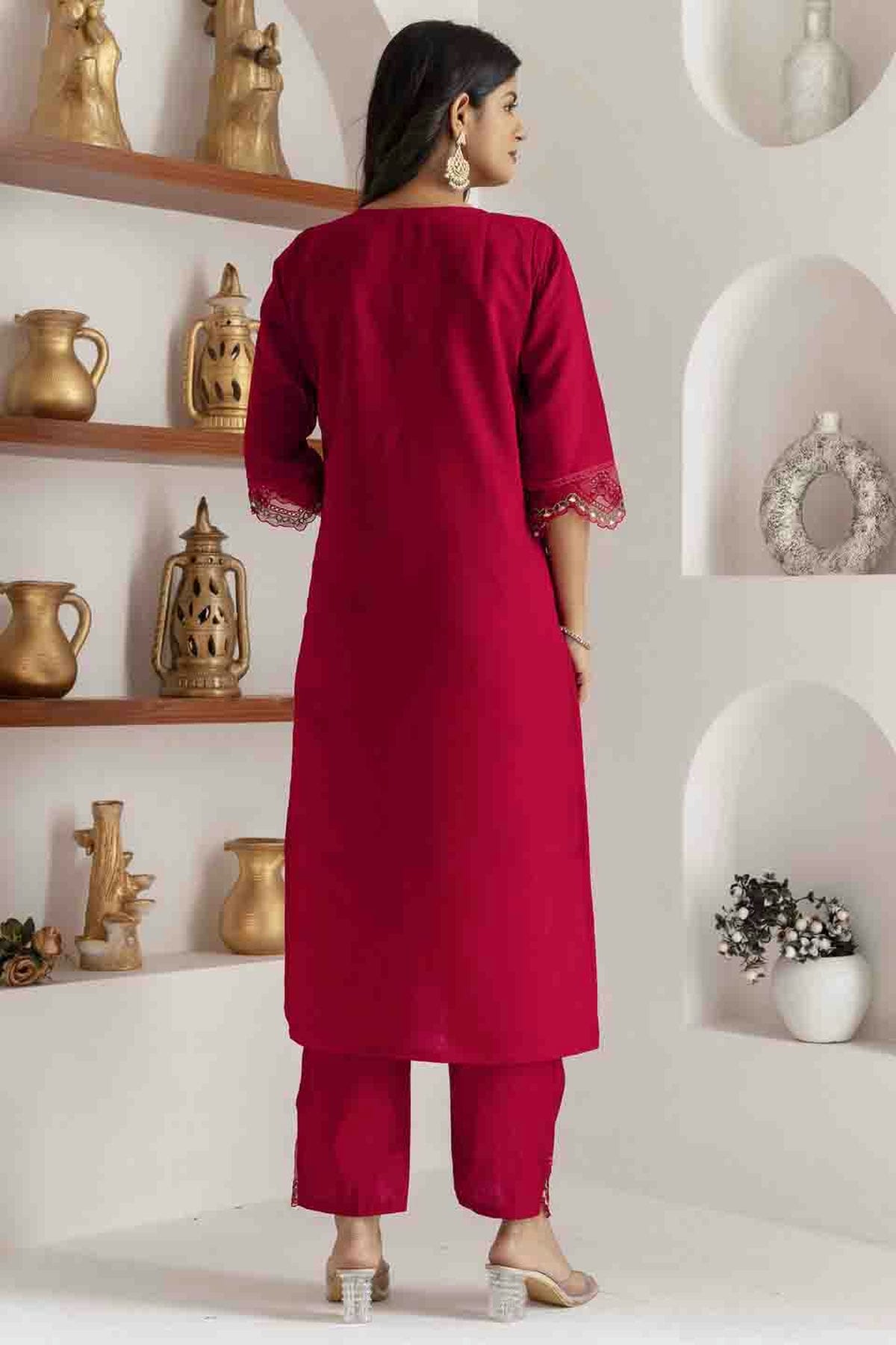 Red Colour Viscose Silk Embroidery Pant Style Suit VSSS1113618