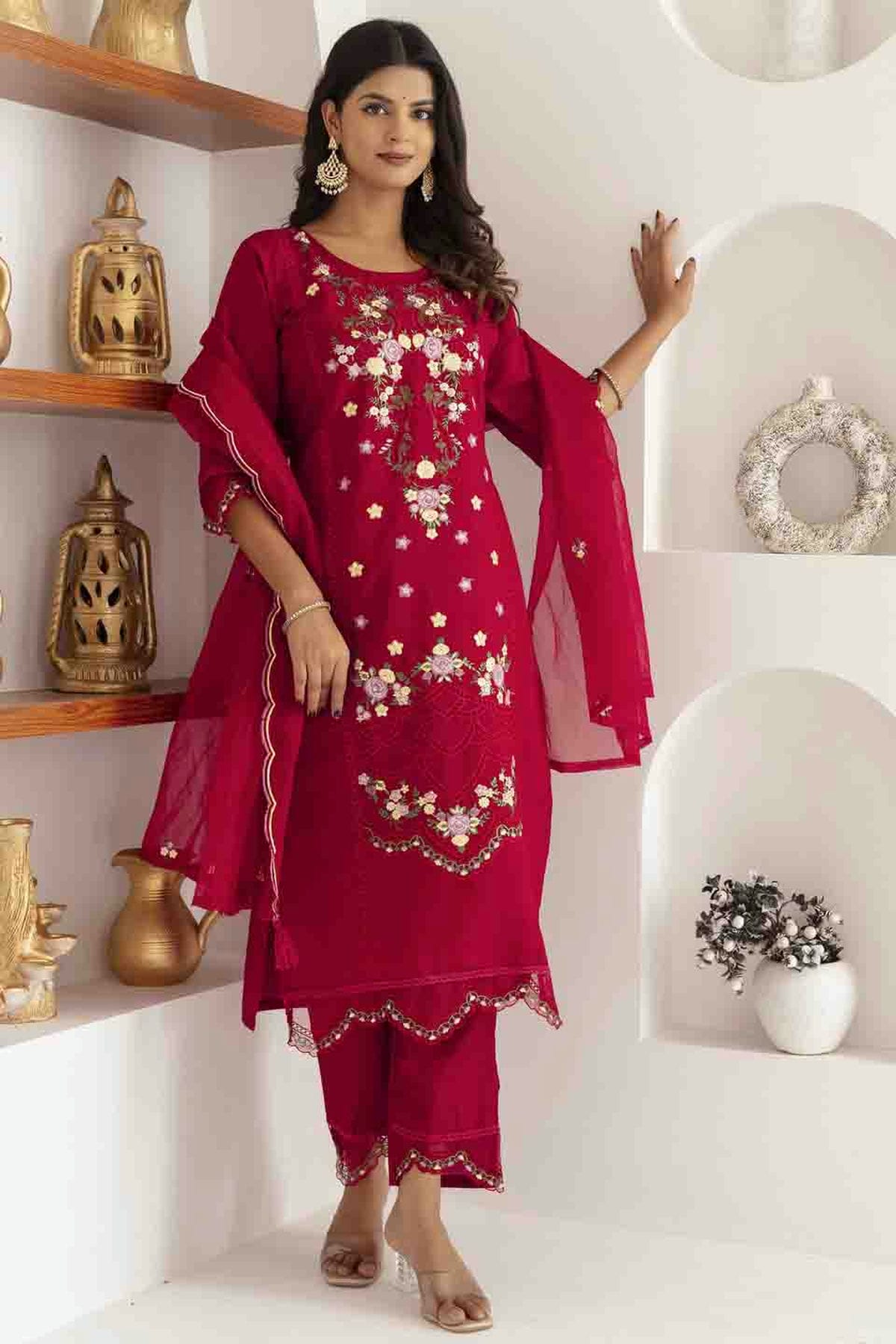 Red Colour Viscose Silk Embroidery Pant Style Suit VSSS1113618