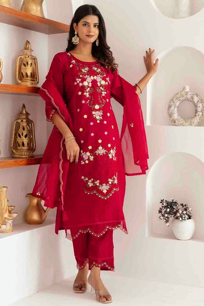 Red Colour Viscose Silk Embroidery Pant Style Suit VSSS1113618