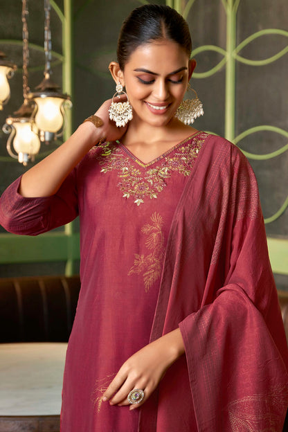 Red Colour Viscose Silk Stitched Suit