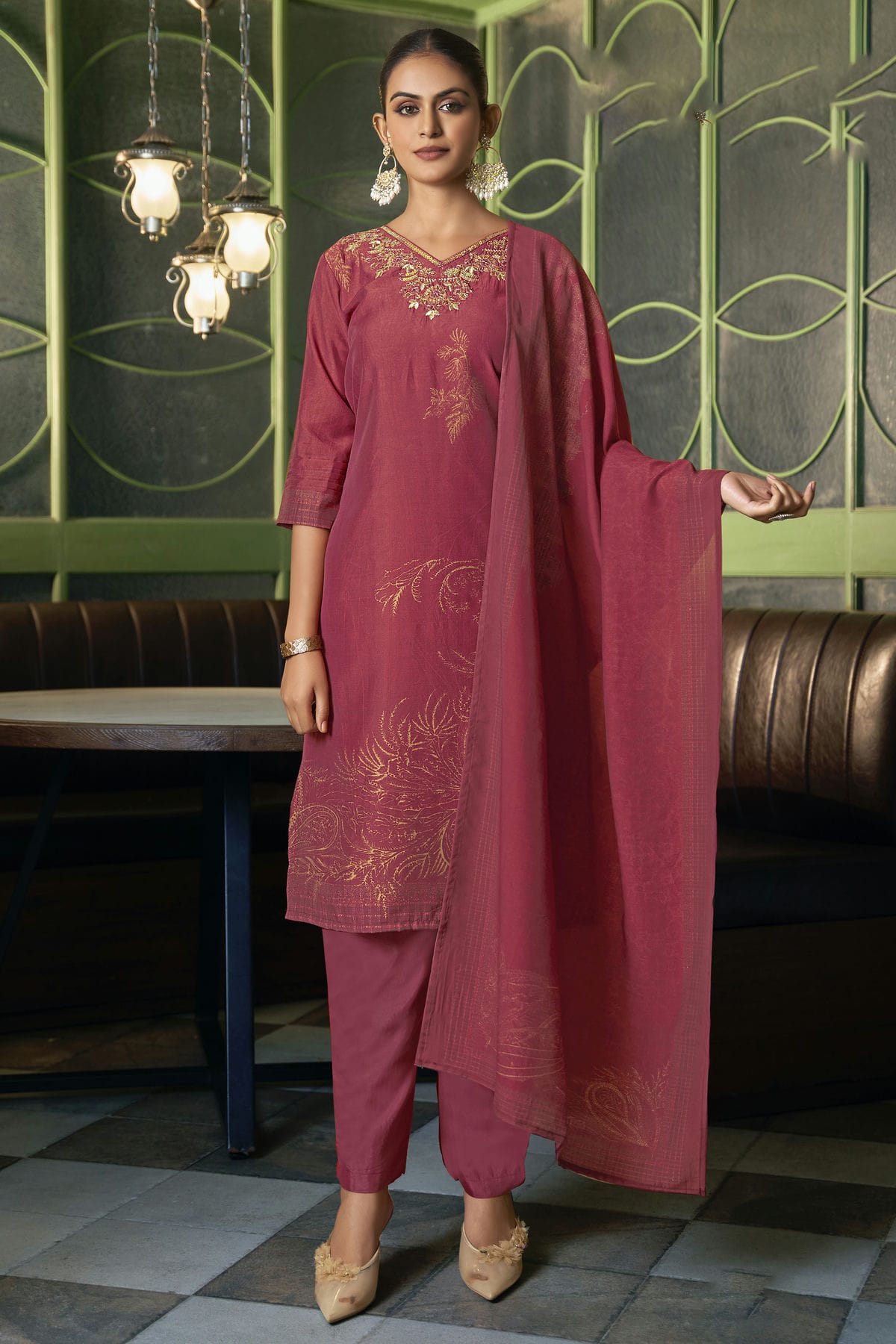 Red Colour Viscose Silk Stitched Suit