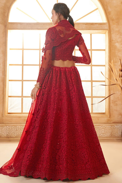 Red Embroidery Net and SilK Lehenga Choli VSLC1290140