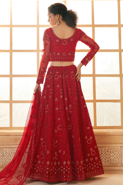 Red Embroidery Net and SilK Lehenga Choli VSLC1290143