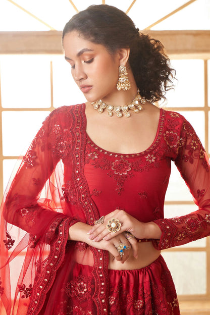 Red Embroidery Net and SilK Lehenga Choli VSLC1290143