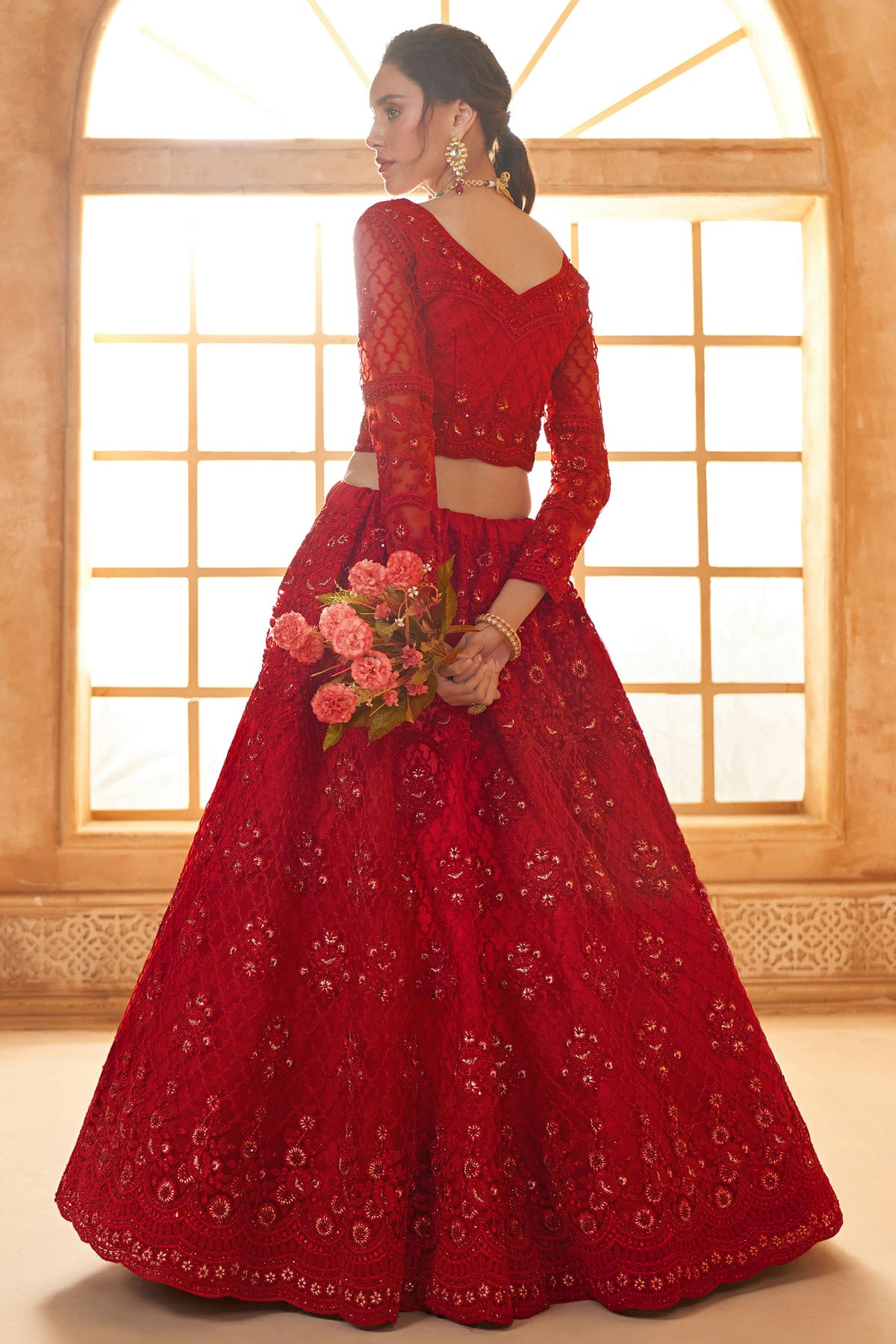 Red Embroidery Net and SilK Lehenga Choli VSLC1290146