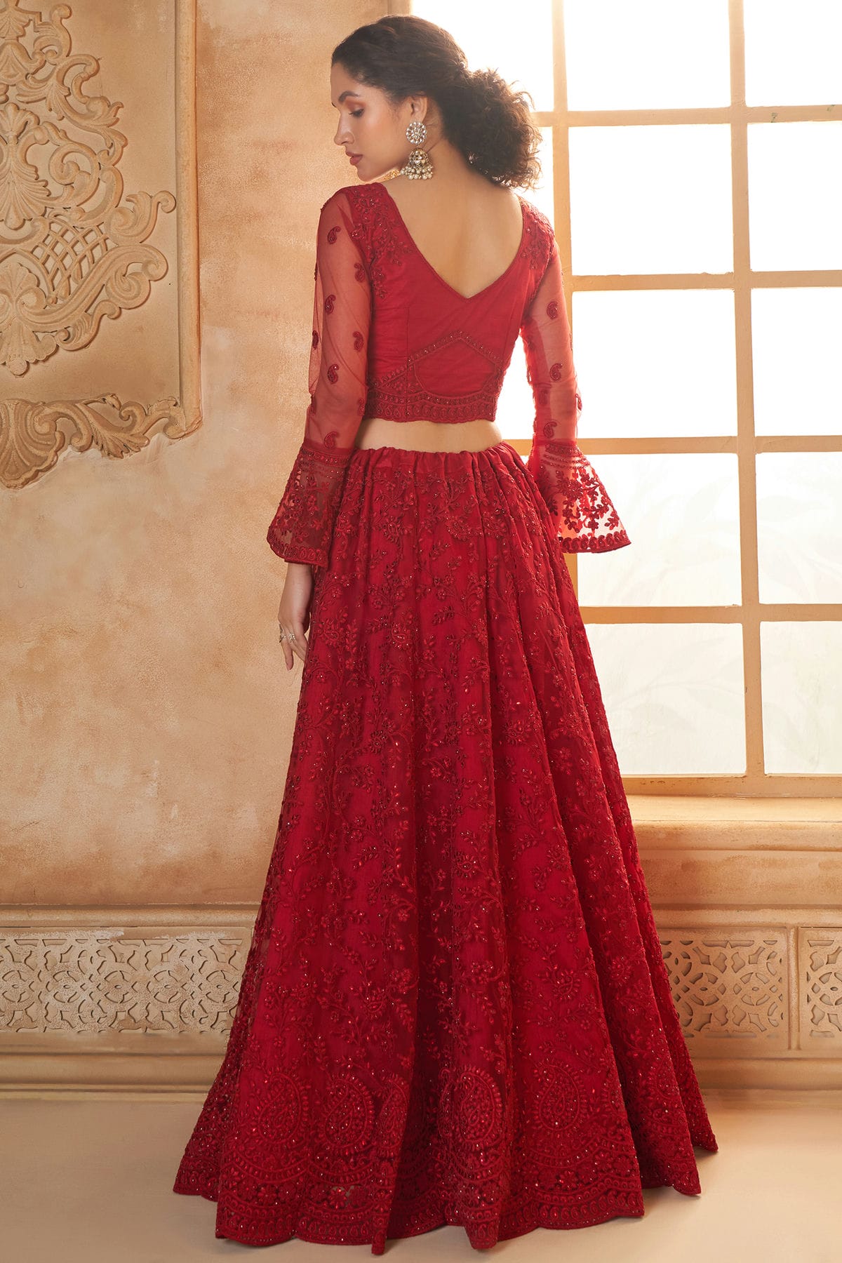 Red Embroidery Net and SilK Lehenga Choli VSLC1290149