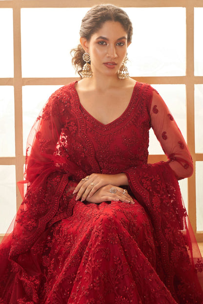 Red Embroidery Net and SilK Lehenga Choli VSLC1290149