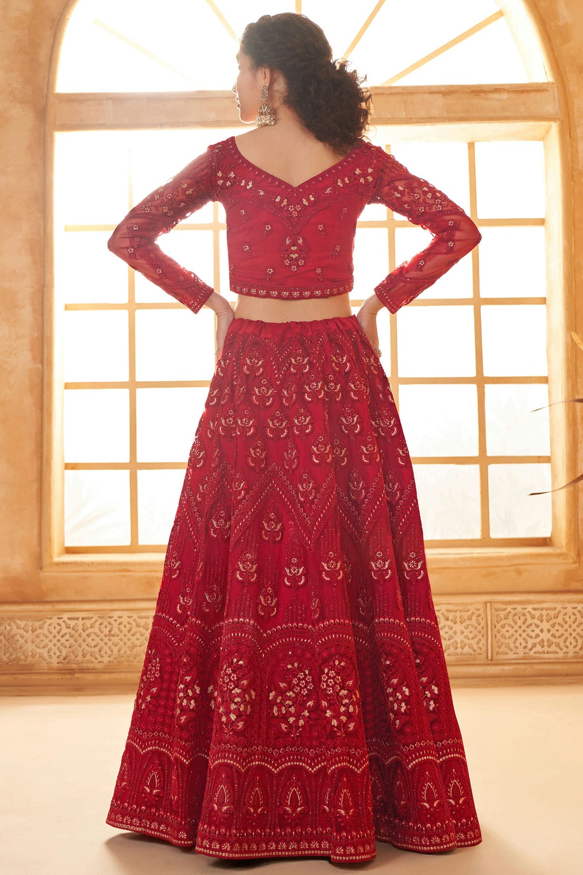 Red Embroidery Net and SilK Lehenga Choli VSLC1290154