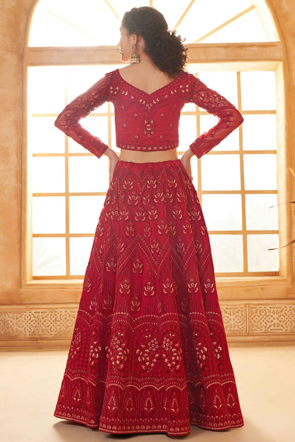 Red Embroidery Net and SilK Lehenga Choli VSLC1290154
