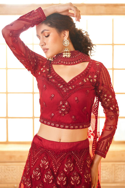 Red Embroidery Net and SilK Lehenga Choli VSLC1290154