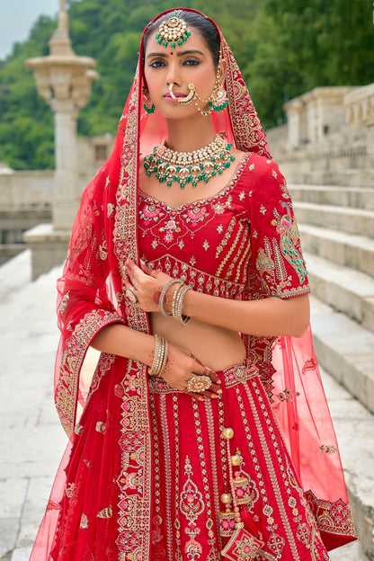 Red Embroidery Silk Lehenga Choli VSLC1290131