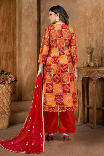 Red and Orange Colour Unstitched Cotton Plazzo Pant Suit VSUS1160852
