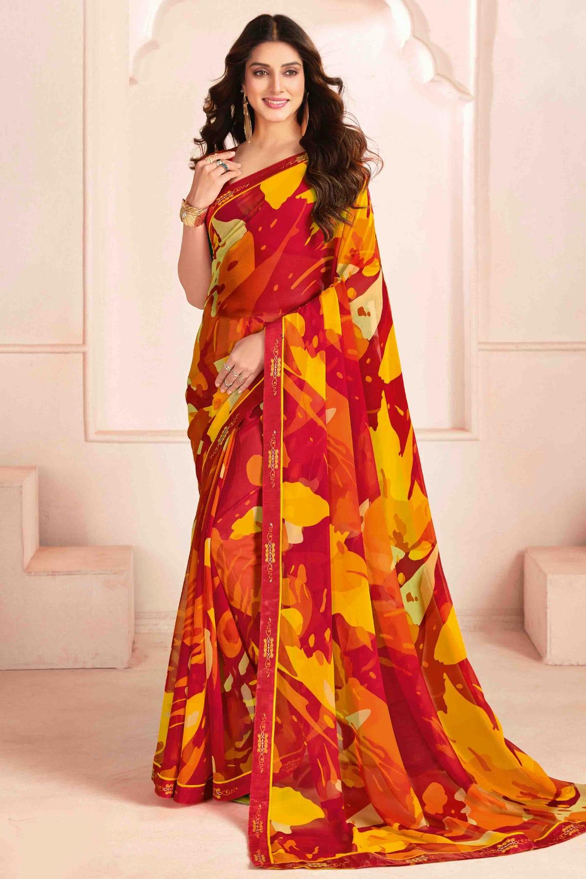 Red and Yellow Colour Georgette Digital Printed Printed Saree VSSD1113599