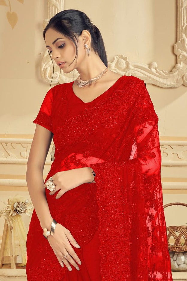 Red Colour Net Saree VSSD1090730