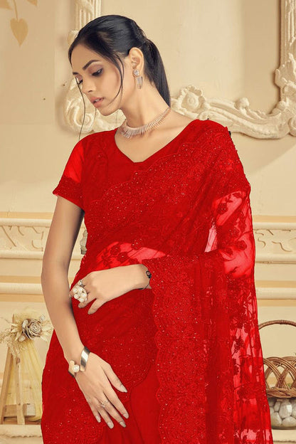 Red Colour Net Saree VSSD1090730