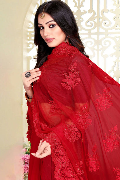 Red Colour Net Saree VSSD1090814