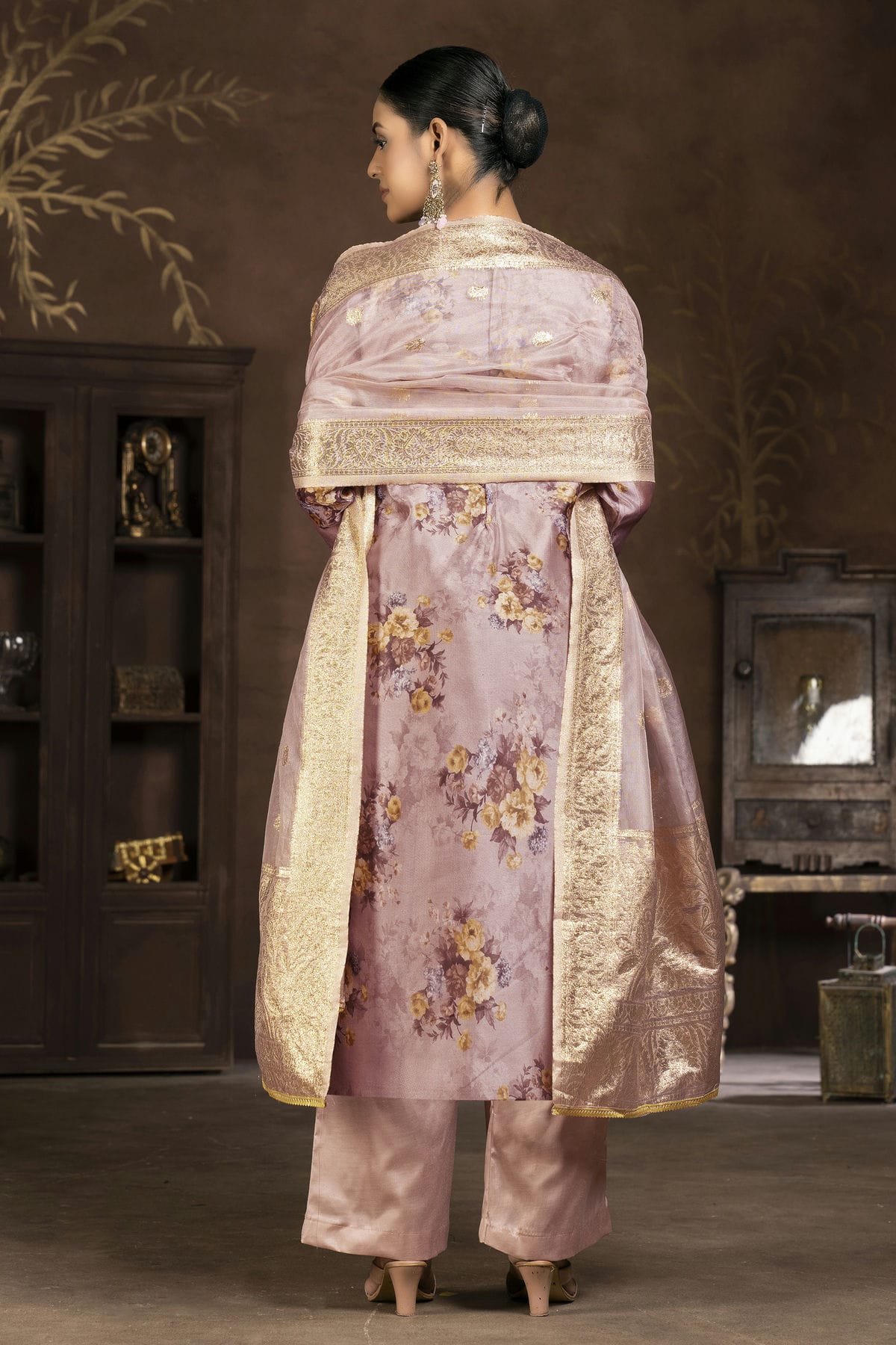 Rose Gold Colour Unstitched Organza Pant Style Suit VSUS1161255