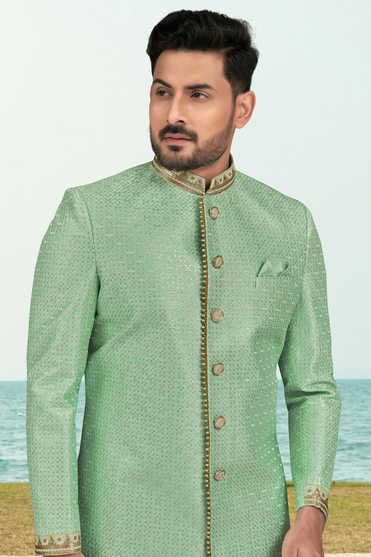 Sea Green Colour Banarasi Silk Indo Western Sherwani VSSH1040503