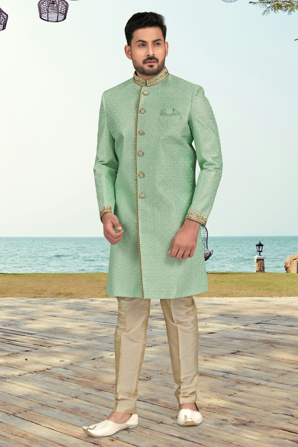 Sea Green Colour Banarasi Silk Indo Western Sherwani VSSH1040503