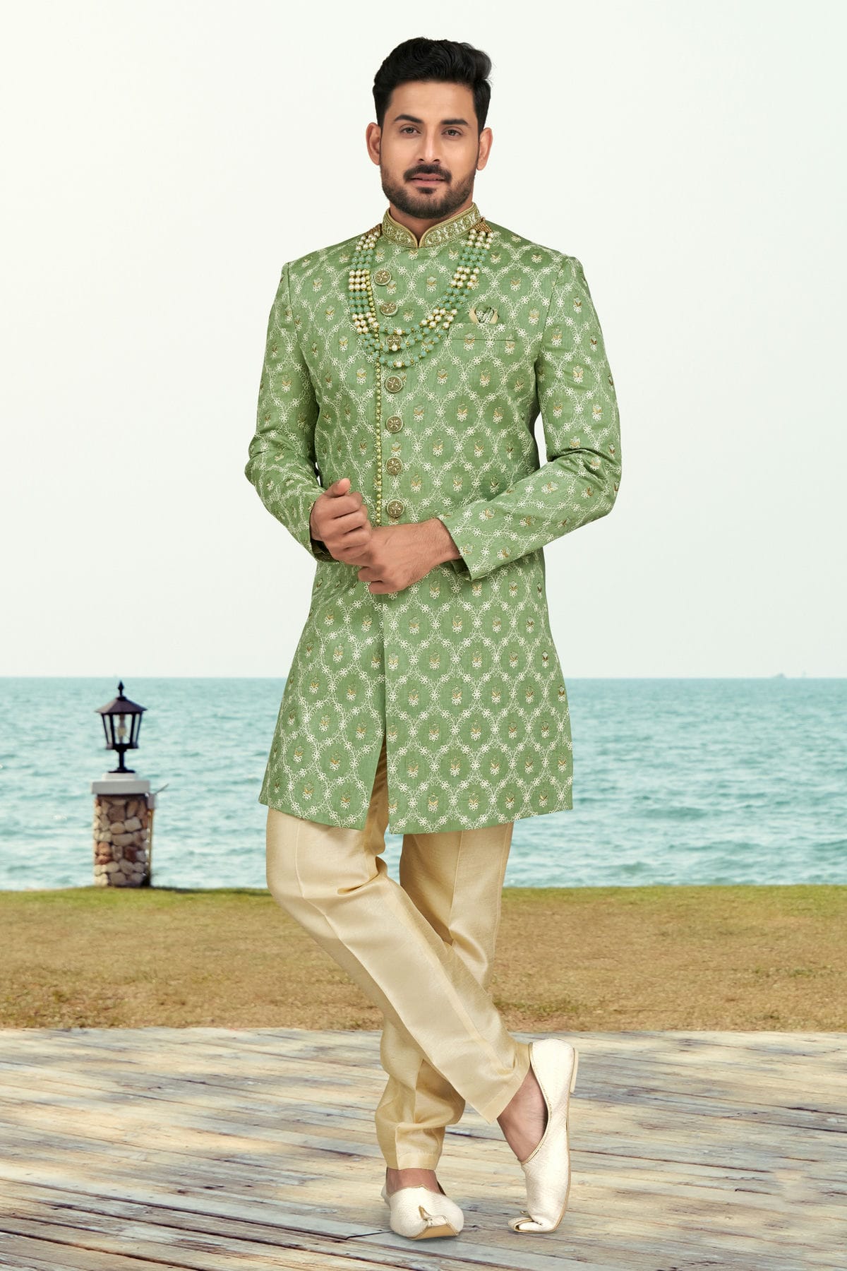 Sea Green Colour Banarasi Silk Indo Western Sherwani VSSH1040508