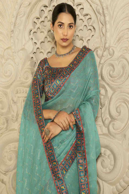 Sea Green Colour Chiffon Digital Foil Printed Designer Saree VSSD1113614