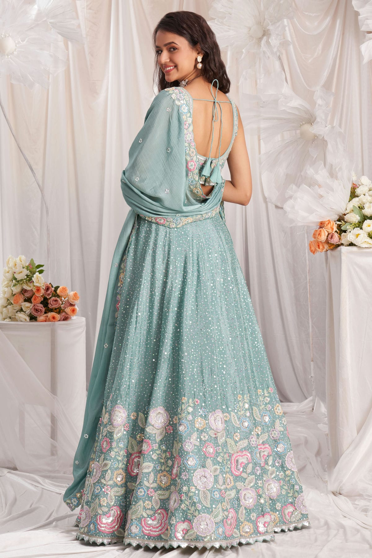 Sea Green Colour Chiffon Embroidery Lehenga Choli VSLC1111352
