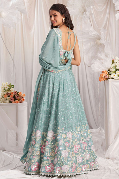 Sea Green Colour Chiffon Embroidery Lehenga Choli VSLC1111352