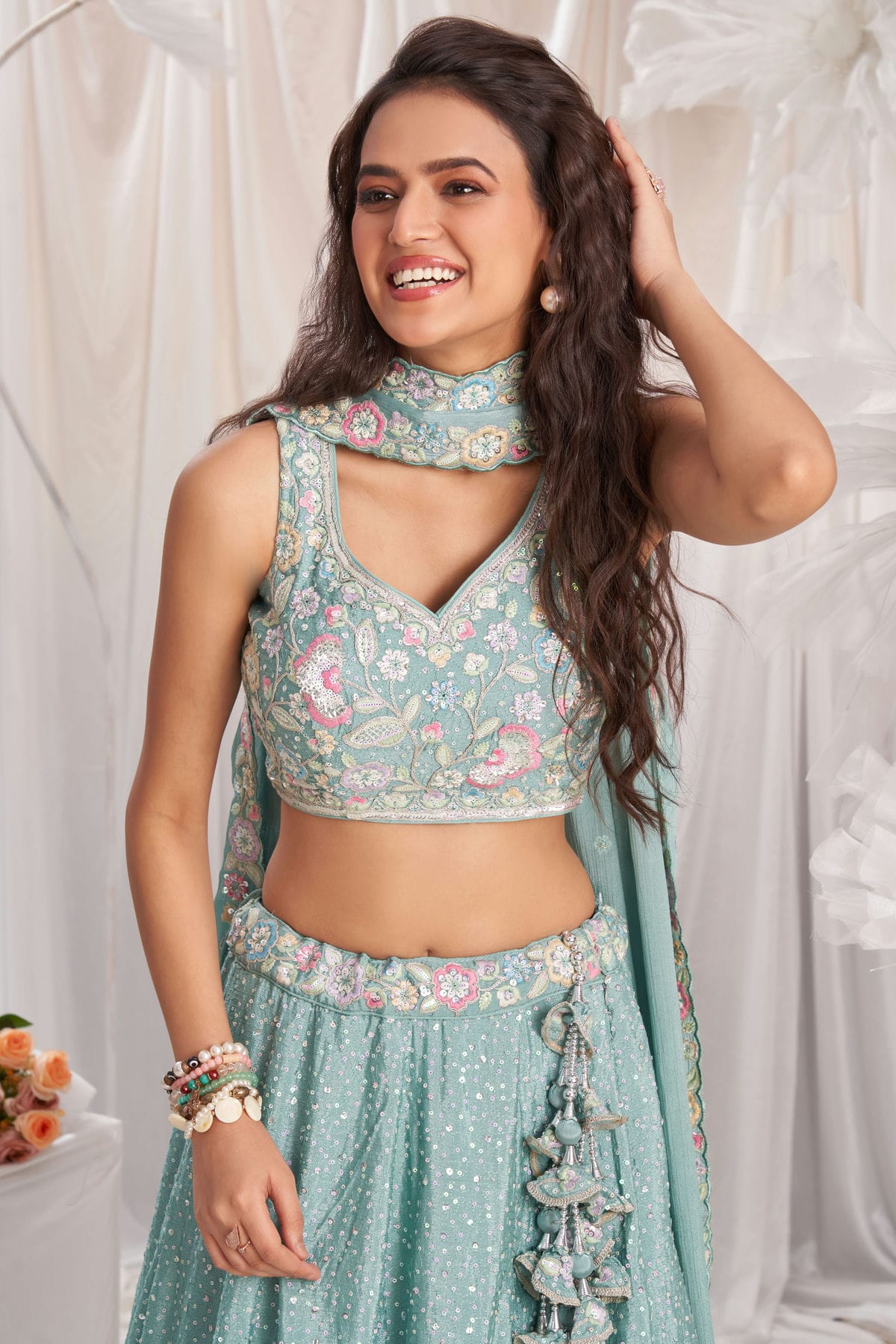 Sea Green Colour Chiffon Embroidery Lehenga Choli VSLC1111352