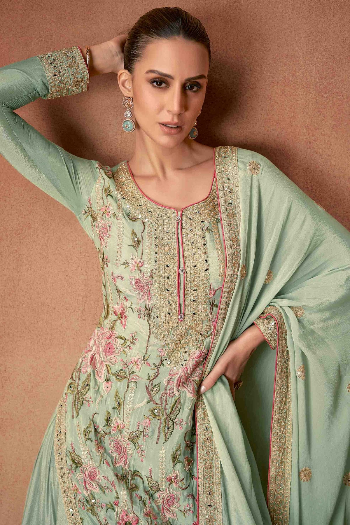 Sea Green Colour Chinon Palazzo Pant Suit VSSM1112961