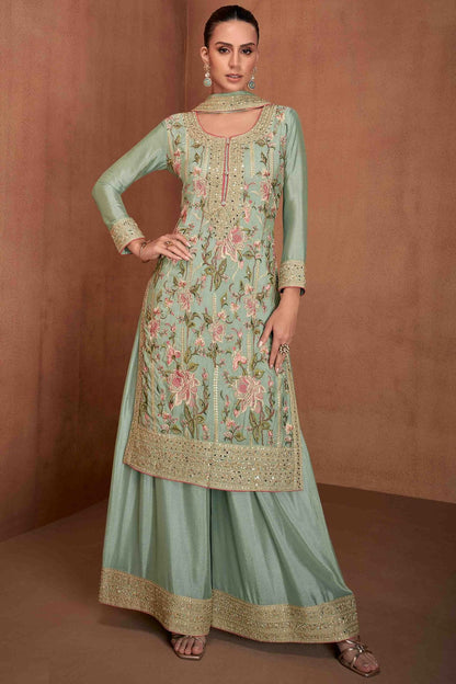 Sea Green Colour Chinon Palazzo Pant Suit VSSM1112961