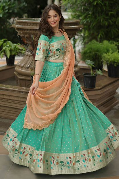 Sea Green Colour Cosmos Jacquard Embroidery Lehenga Choli VSLC1111391