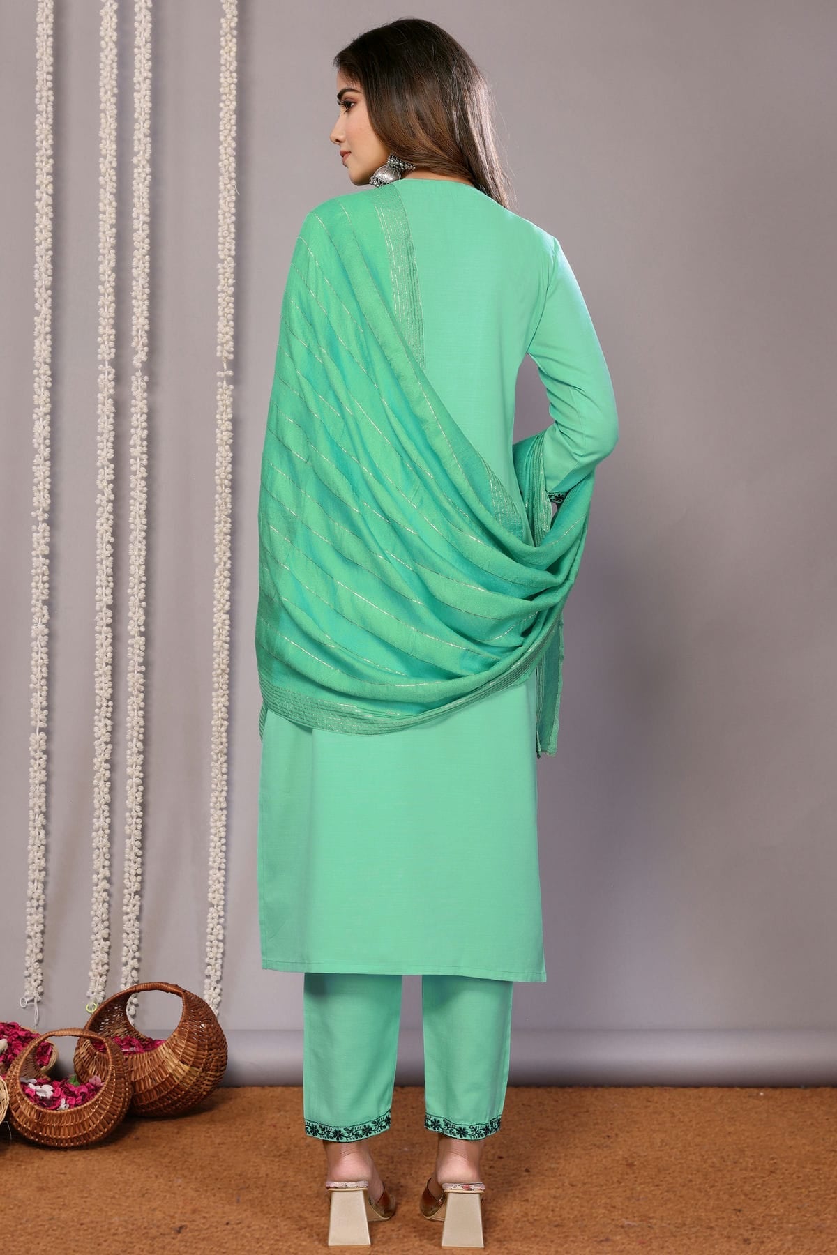 Sea Green Colour Cotton Blend Stitched Suit