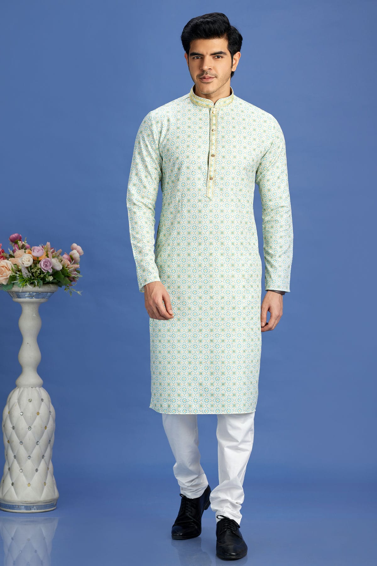 Sea Green Colour Cotton Pintex Work Kurta Pajama
