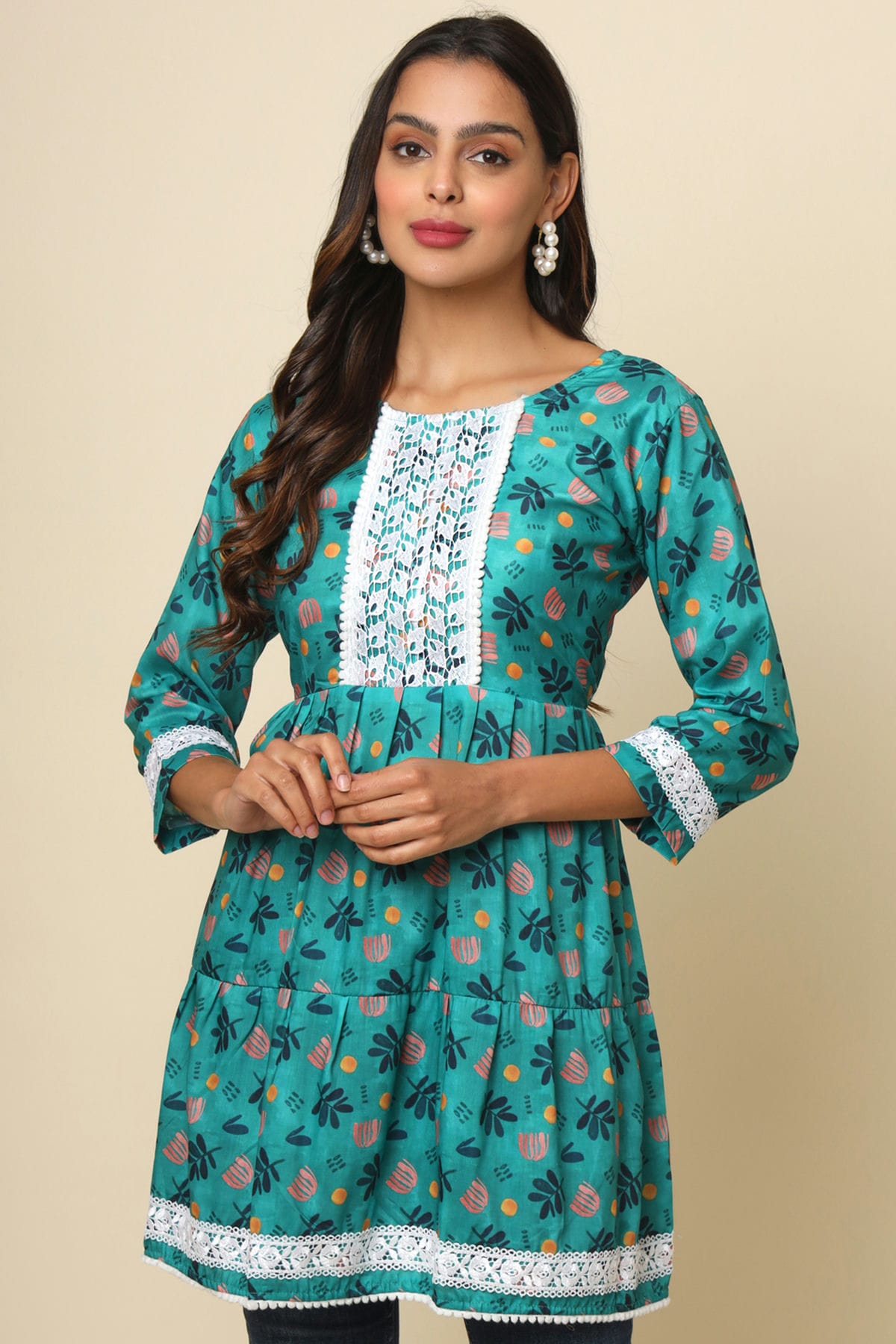 Sea Green Colour Cotton Printed,Lace Work Work Readymade Top