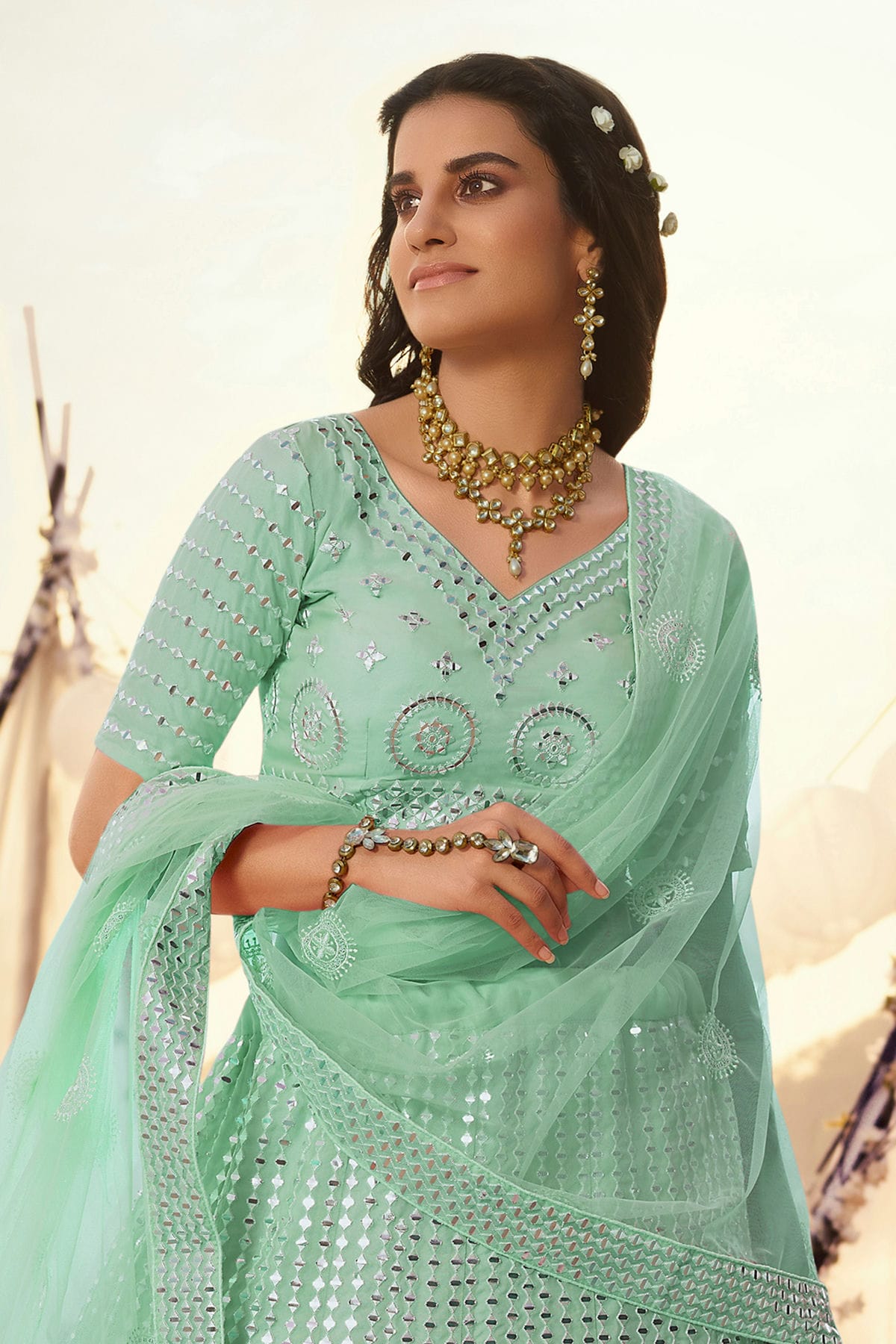 Sea Green Colour Embroidery Organza Lehenga Choli VSLD1080696