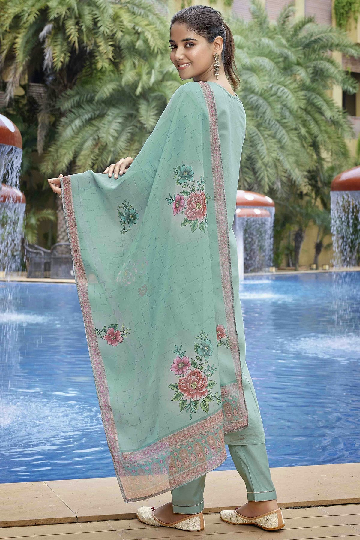 Sea Green Colour Embroidery Viscose Chanderi Pant Style Suit VSSS1113463