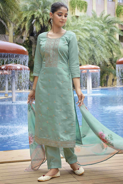 Sea Green Colour Embroidery Viscose Chanderi Pant Style Suit VSSS1113463