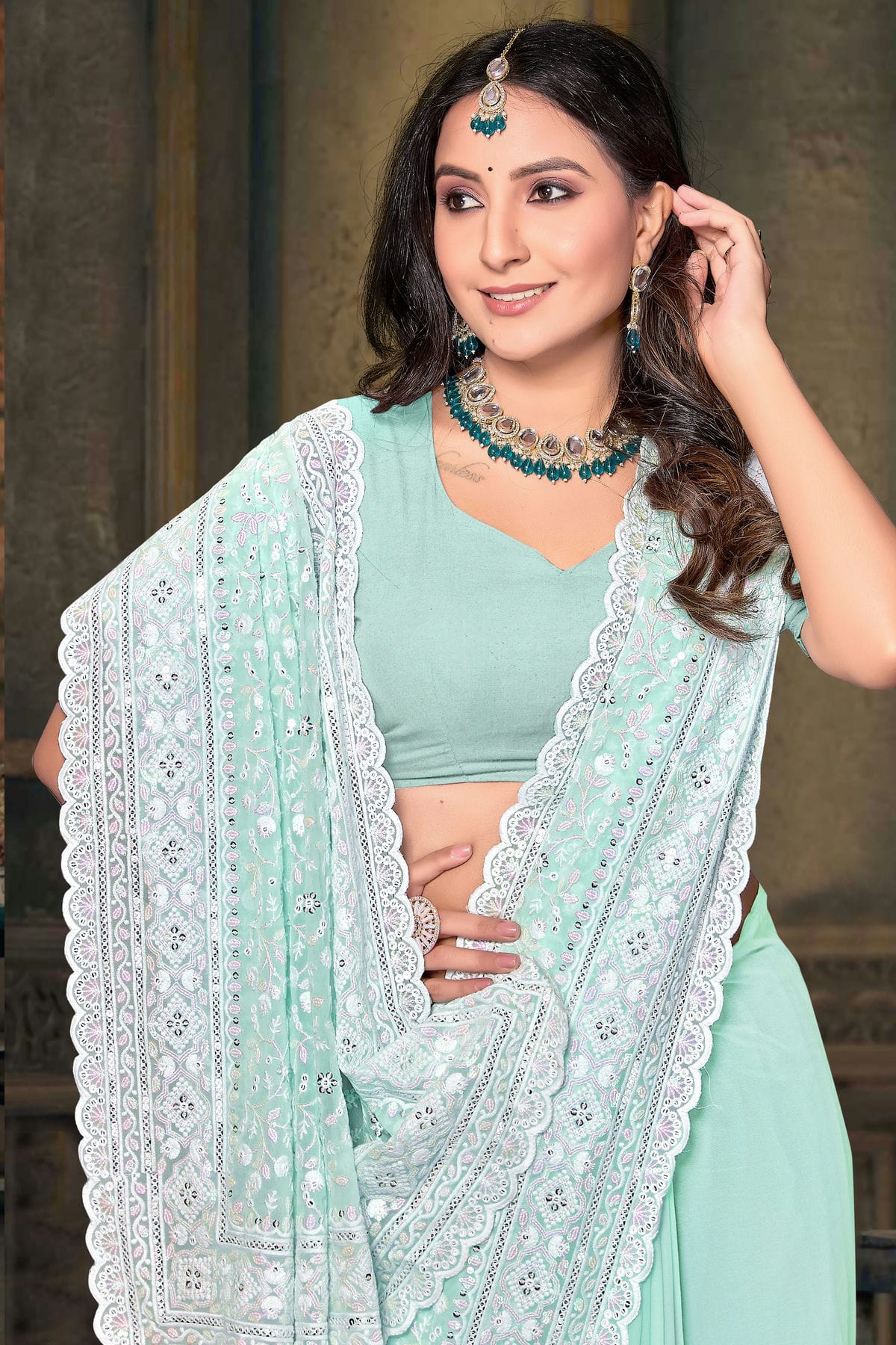 Sea Green Colour Georgette Designer Saree