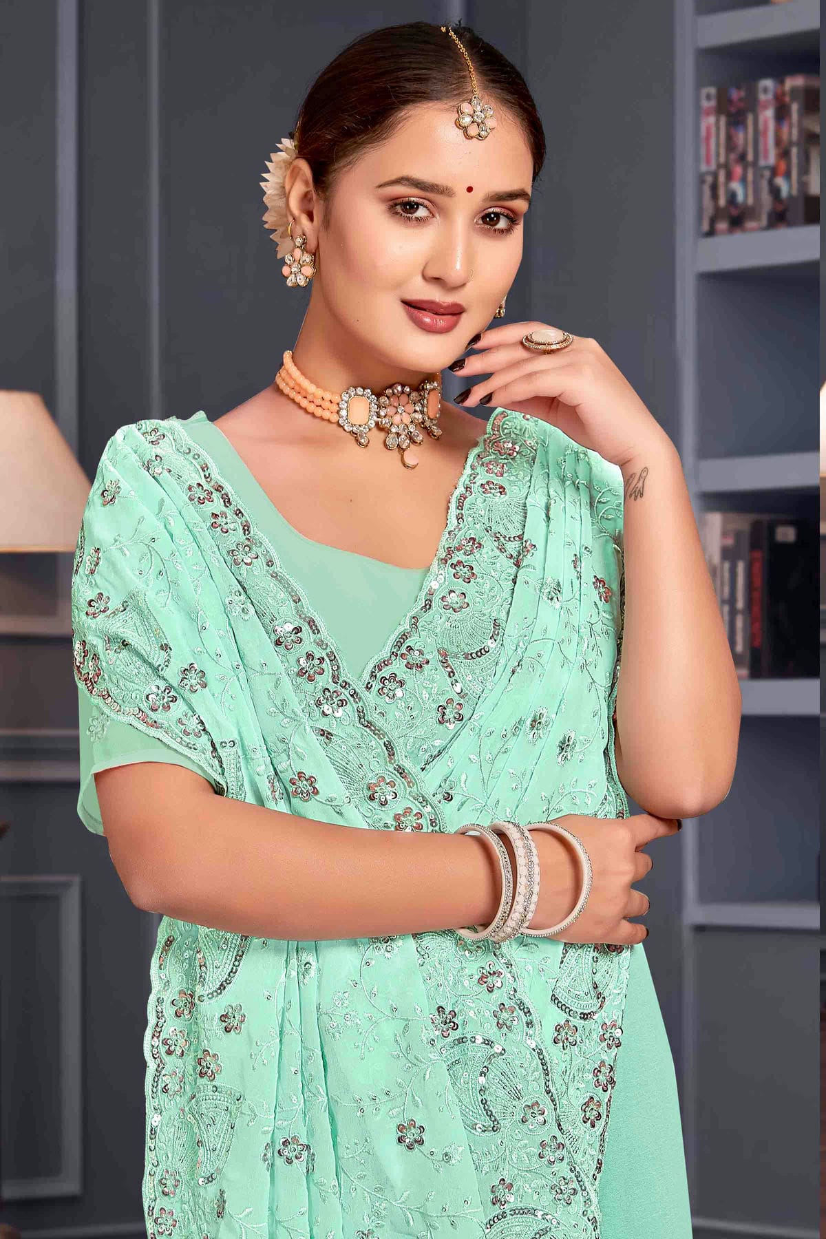 Sea Green Colour Georgette Embroidery Work Designer Saree VSSD1091249