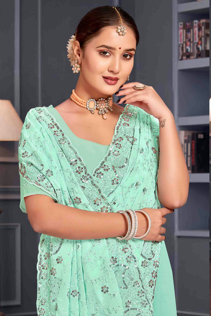 Sea Green Colour Georgette Embroidery Work Designer Saree VSSD1091249