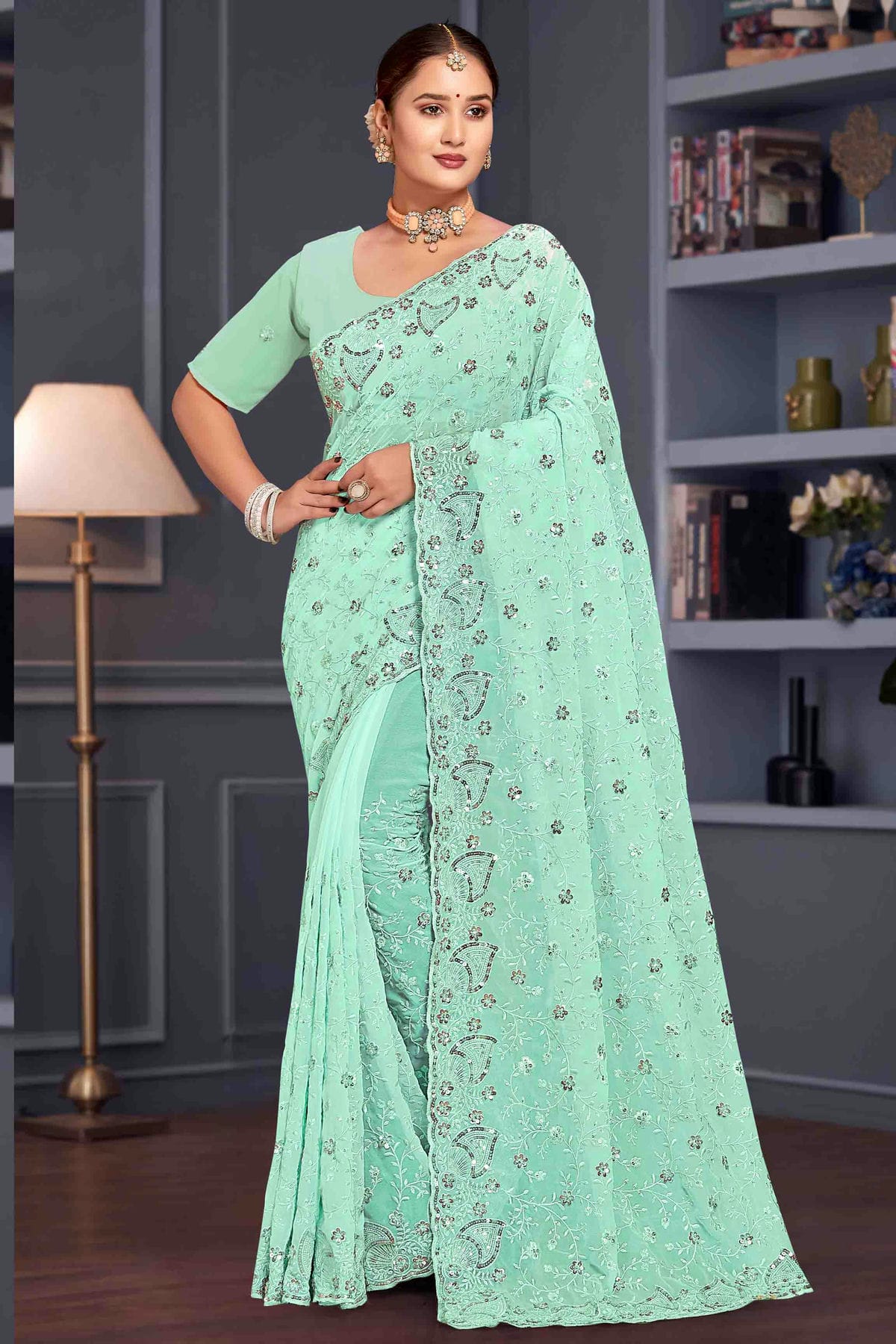 Sea Green Colour Georgette Embroidery Work Designer Saree VSSD1091249