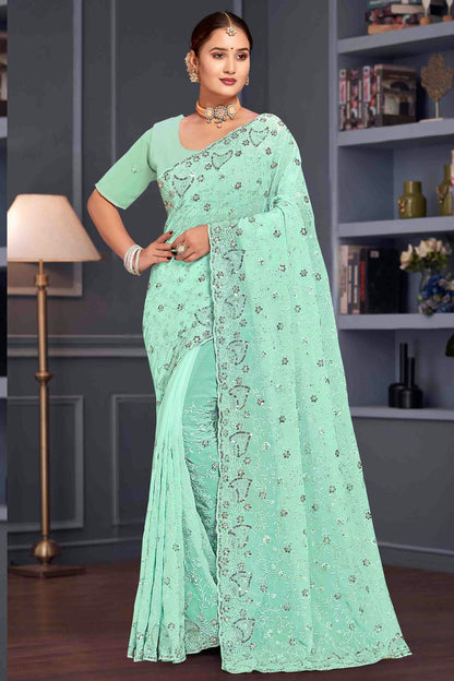 Sea Green Colour Georgette Embroidery Work Designer Saree VSSD1091249
