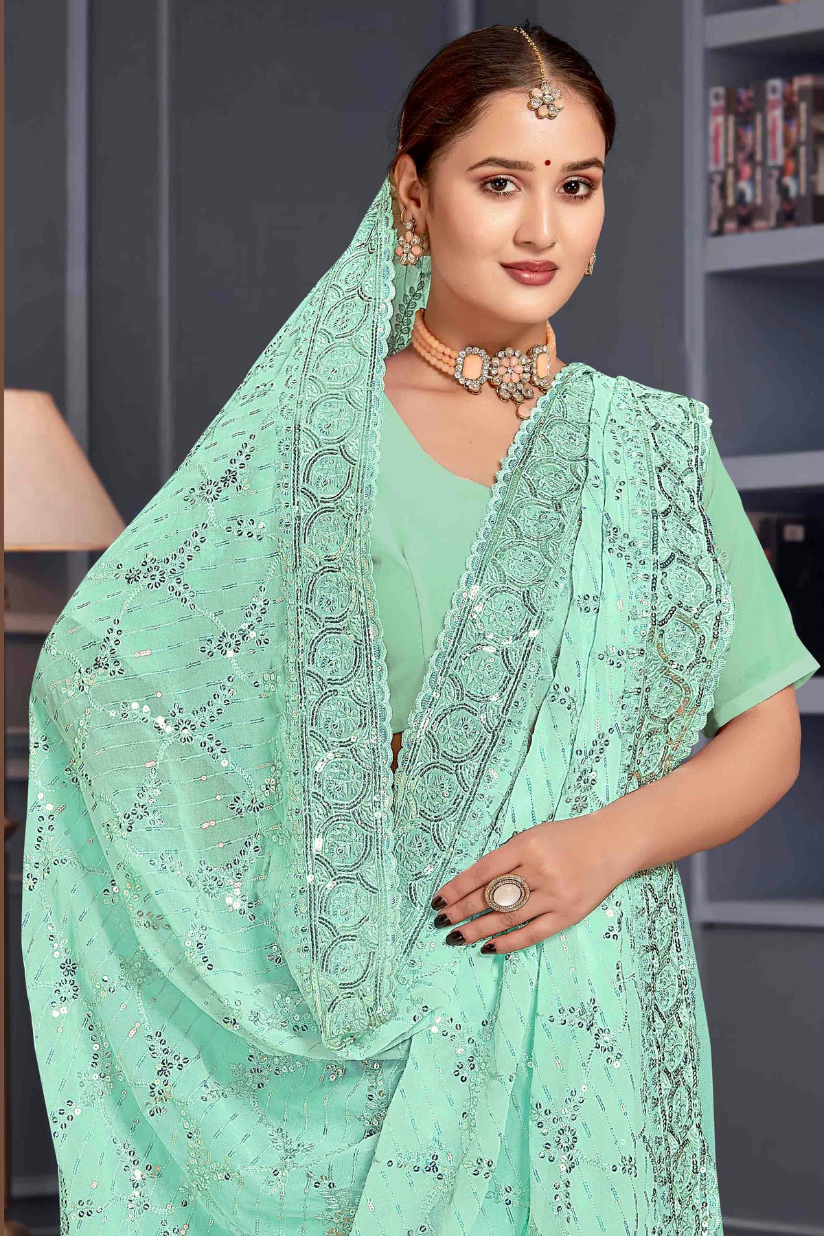 Sea Green Colour Georgette Embroidery Work Designer Saree VSSD1091253