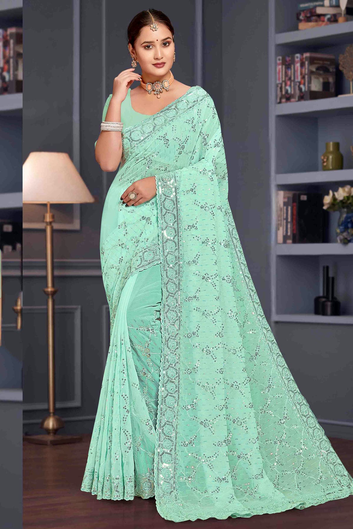 Sea Green Colour Georgette Embroidery Work Designer Saree VSSD1091253