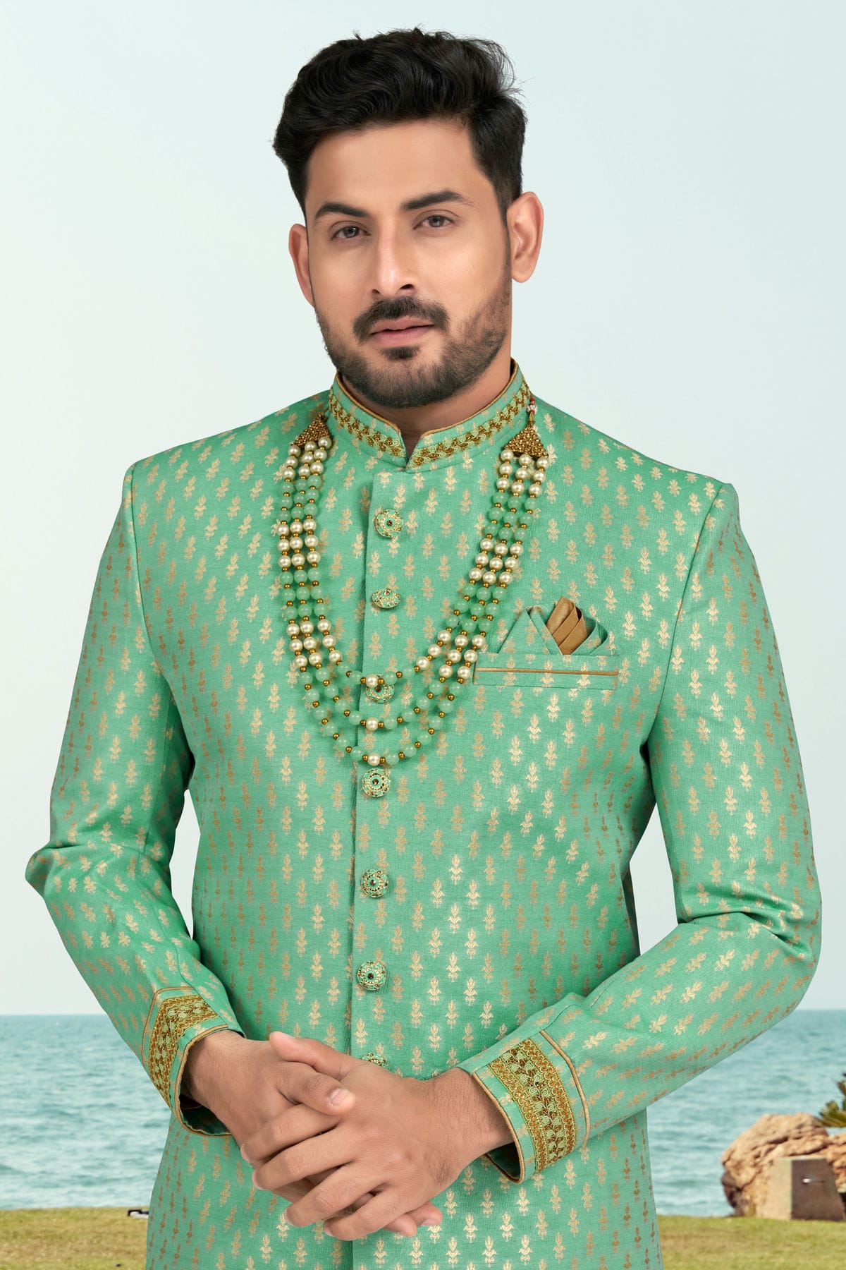 Sea Green Colour Jacquard Indo Western Sherwani VSSH1040504