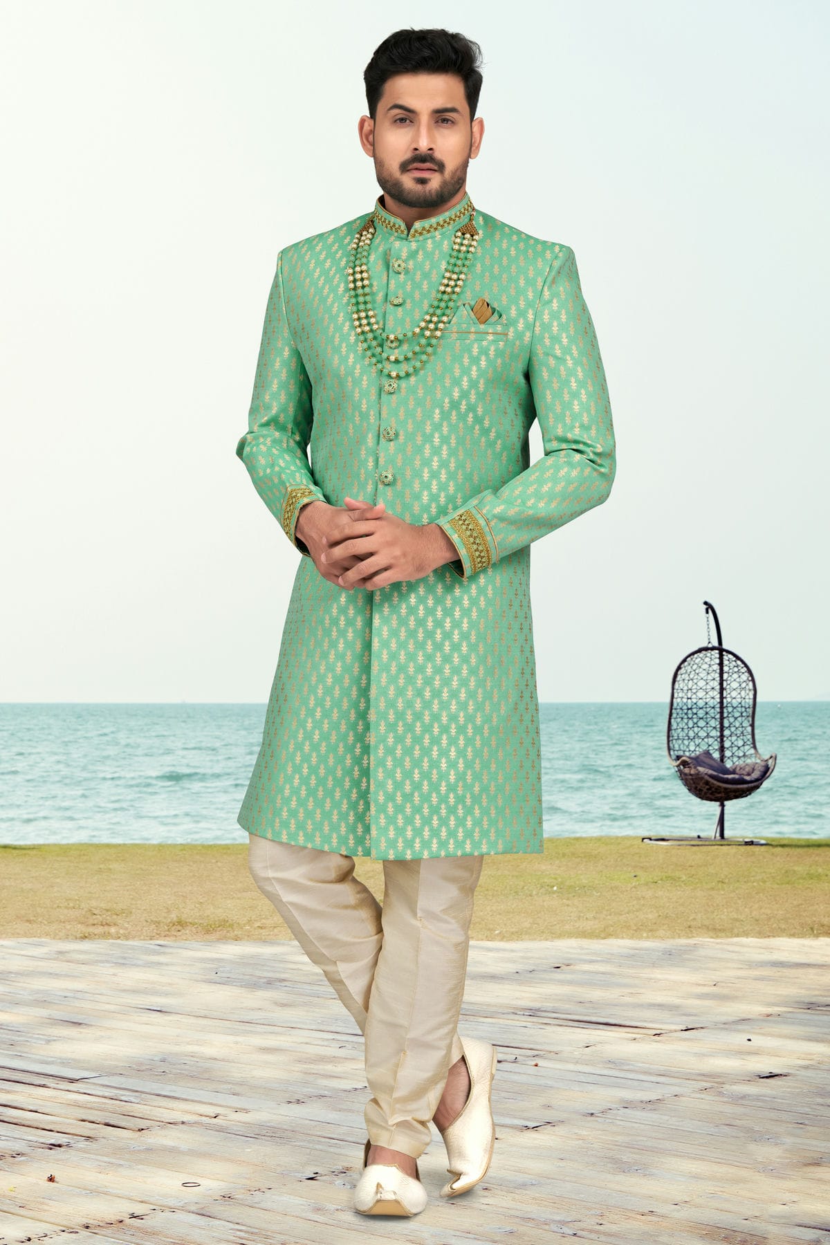 Sea Green Colour Jacquard Indo Western Sherwani VSSH1040504