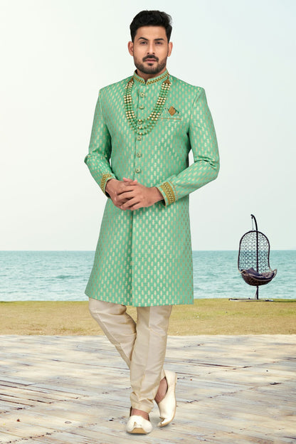 Sea Green Colour Jacquard Indo Western Sherwani VSSH1040504