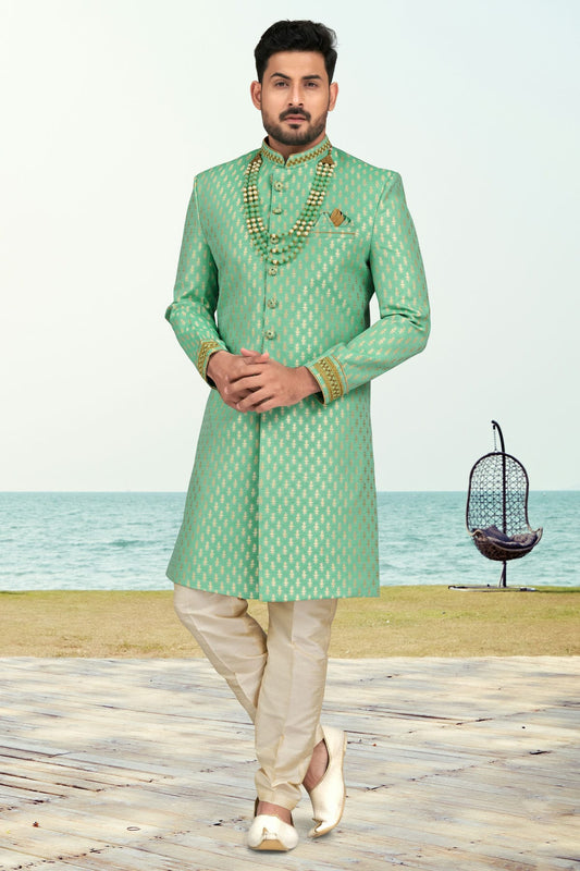 Sea Green Colour Jacquard Indo Western Sherwani VSSH1040504
